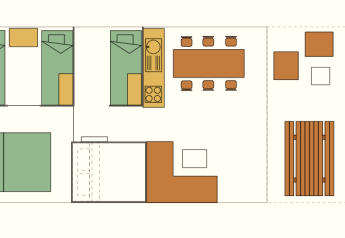 Plattegrond van safaritent met slaapkamers, keuken, eetruimte en buitenzitje bij Camping Liefrange.