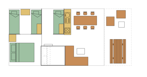 Plattegrond van safaritent met slaapkamers, keuken, eetruimte en buitenzitje bij Camping Liefrange.