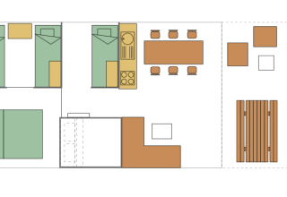 Plattegrond van safaritent met slaapkamers, keuken, eetruimte en buitenzitje bij Camping Liefrange.