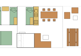 Floor plan of a safari tent with bedrooms, kitchen, dining area, and outdoor seating at Camping Liefrange.