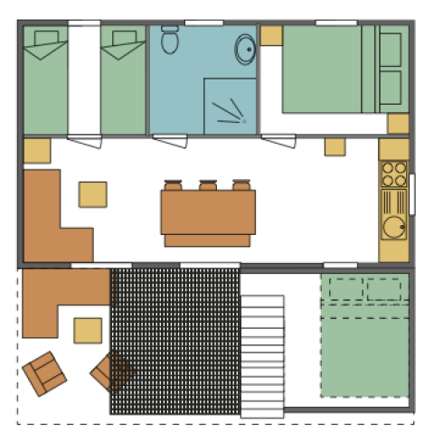 Plano de tienda safari con dormitorios, baño, cocina, sala de estar y terraza en Luxemburgo.