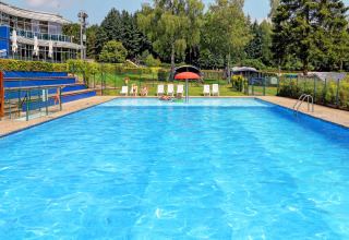Piscine extérieure au parc de vacances Auf Kengert à Diekirch, Luxembourg, entourée de chaises longues et de verdure.
