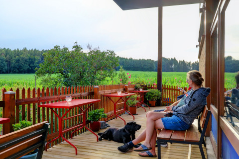 Donna e cane nero rilassati su una terrazza con vista sui campi verdi ad Auf Kengert, Diekirch, Lussemburgo.