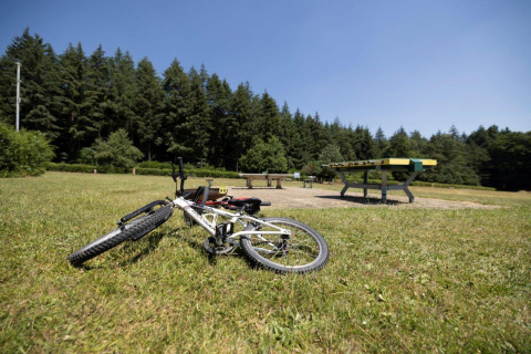 Ein Fahrrad liegt im Gras neben einem Picknicktisch im Ferienpark Auf Kengert in Diekirch, Luxemburg.