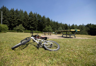 Una bicicleta descansa sobre el césped cerca de una mesa de picnic en Auf Kengert, Diekirch, Luxemburgo.
