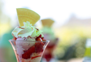 Coppa di gelato alla fragola con panna e cialda ad Auf Kengert, villaggio vacanze a Diekirch, Lussemburgo.