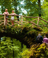 Escursionisti su un antico ponte di pietra coperto di muschio nella foresta vicino a Larochette, Lussemburgo.
