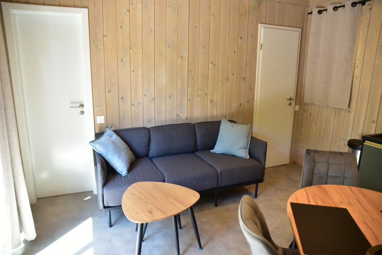 Moderne woonkamer in de Ecolodge bij Hameau de l'Ourthe, België, met blauwe zetel en houten wandbekleding.