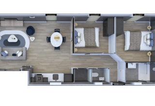 Plattegrond van een glampingverblijf met leefruimte, eetplaats, badkamer en twee slaapkamers.