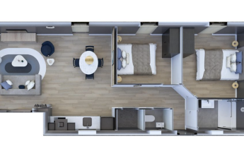 Plano de una alojamiento glamping con sala de estar, comedor, baño y dos dormitorios modernos.
