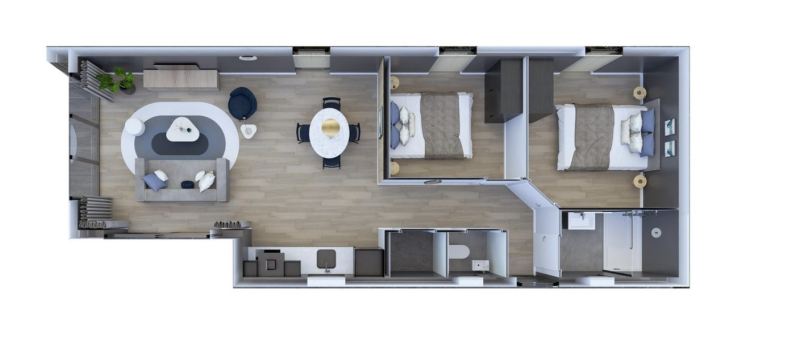 Grundriss einer Glamping-Unterkunft mit Wohnzimmer, Essbereich, Bad und zwei Schlafzimmern.