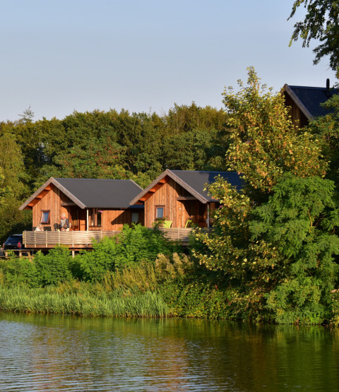 Houten vakantiehuisjes aan het water, omgeven door groene bomen, bij Camping de Koeksebelt in Overijssel.