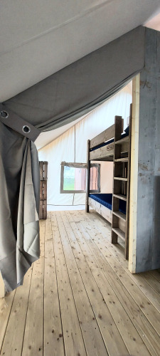 Intérieur d'une tente safari au Beloofde Land, Pays-Bas, avec lits superposés et sol en bois.