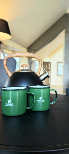 Tetera negra con asa de madera y dos tazas verdes en una mesa dentro de una tienda safari en Beloofde Land.
