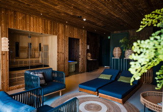 Safari tent interior with wooden walls, cozy lounge chairs, a sauna, modern decor, and green plants.