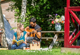 Couple profitant d’un pique-nique avec guitare et livre sur la pelouse de Zweedse Huisjes, Beloofde Land.