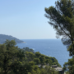 Aussicht auf das Mittelmeer, grüne Bäume und Hügel bei Camping Begur in Katalonien, Spanien.