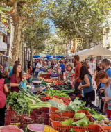 Scène de marché animé à Palafrugell, Catalogne, Espagne, avec de nombreuses personnes et des légumes frais.