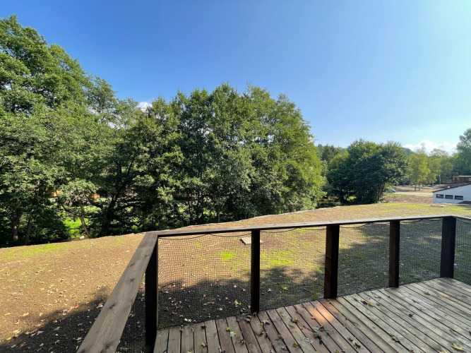 Udsigt fra træterrasse ved Ecolodge - Zorgtoegankelijk i Hameau de l'Ourthe, Belgien, med solrig himmel.