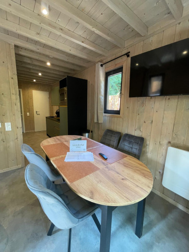 Interno dell'Ecolodge al Hameau de l'Ourthe in Belgio con tavolo, TV e pareti in legno chiaro.