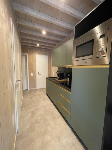 Modern schlanke Küche mit grünen Schränken, Mikrowelle und Holzdecke in der Ecolodge am Hameau de l'Ourthe, Belgien.