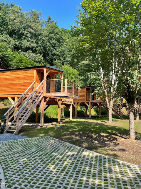 Een moderne boomhut op palen in het bos, bereikbaar via trappen en omringd door groene bomen.