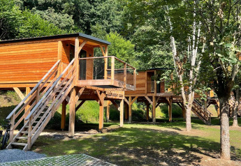 Una casa árbol moderna sobre pilotes en el bosque, con escaleras, terraza y rodeada de árboles verdes.
