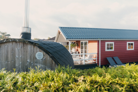 Veluwe lounge + sauna: Casa roja con terraza y tumbonas, sauna de barril de madera, rodeada de vegetación.