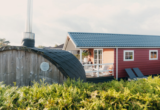 Veluwe lounge + sauna: Rød hytte med terrasse og liggestole, træsauna i forgrunden, omgivet af grønt.