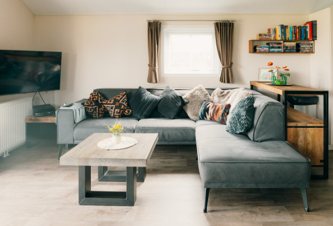 Soggiorno con divano grigio ad angolo, tavolino, TV e libreria a Veluwe lounge + sauna, De Boshoek, Paesi Bassi.