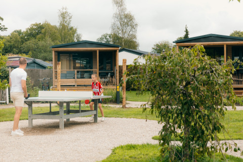 Zwei Personen spielen Tischtennis im Freien vor Tiny Lodges im Holiday Park De Boshoek in den Niederlanden.
