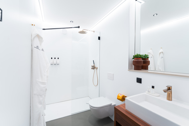 Moderne minimalistische badkamer met inloopdouche, toilet, wastafel en spiegel bij Unbrick One | Sauna in Brinckerduyn, Nederland.