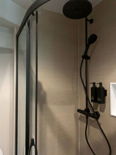 Modern shower inside The Nutshell tiny house at Recreation Park Den Blanken, Netherlands, with dispensers.