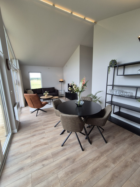 Intérieur moderne d’un lodge Type Dommel à De Tien Heugten, Pays-Bas, avec de grandes fenêtres et mobilier design.
