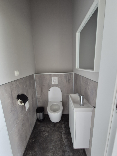 Salle de bain moderne au lodge Type Dommel à De Tien Heugten, Pays-Bas, avec toilettes et lavabo.