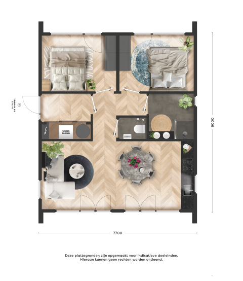 Plan d'une lodge nommée Type Dommel à De Tien Heugten aux Pays-Bas, comprenant deux chambres et un espace moderne.