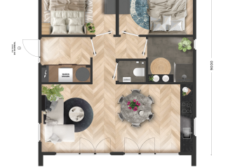 Floor plan of a lodge named Type Dommel at De Tien Heugten in the Netherlands featuring two bedrooms and modern living space.
