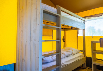 Køjeseng i safari teltet Lodgetent 4 ved Zuiderzee i Holland, med lyse trævægge og gule teltpaneler.