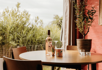 Table ronde dans un lodge avec bouteille de vin, deux verres, Pringles et plante près d'une fenêtre verdoyante.