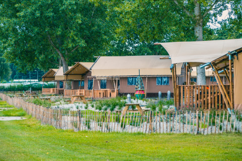 Safari telte ved Lodgetent Haven 4 på Zuiderzee i Holland, omgivet af grønne træer og natur.