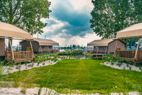 Safari tent Lodgetent Haven 4 at Zuiderzee in the Netherlands, with wooden decks, grass, and trees.