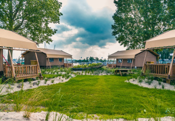 Safari tent Lodgetent Haven 4 at Zuiderzee in the Netherlands, with wooden decks, grass, and trees.