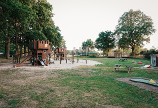 Speeltuin bij een glampingaccommodatie met houten kastelen, glijbanen en picknicktafels in het groen.