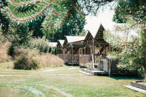 Glamping-accommodaties in een vakantiepark omgeven door groen en bomen op een zonnige dag.