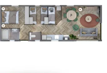 Plan d’étage moderne d’un lodge avec trois chambres, salon, cuisine et salle de bain.