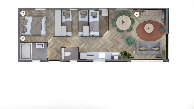 Moderne plantegning af en lodgelejlighed med tre soveværelser, opholdsstue, køkken og badeværelse.