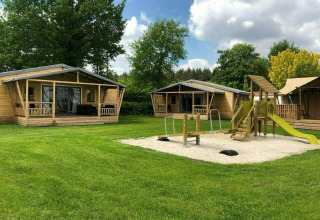 Field safari lodges on field with playground - Camping _t Veld - Rheeze, Overijssel, Netherlands