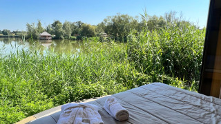 Vista dalla cabina Lumipod île: letto, vegetazione verde, lago e una casetta in lontananza.