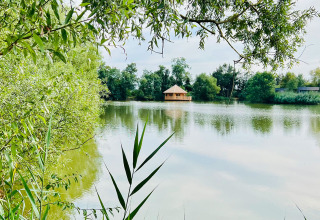 Rustig meer met groene bomen en lodge bij Domaine des Feuilles, Cabine Ruche, in Frankrijk.