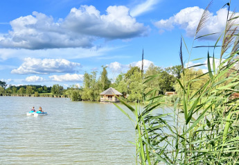 Landschaft am Domaine des Feuilles in Frankreich mit Cabine Ruche, Tretbootfahrern und Schilf am Ufer.